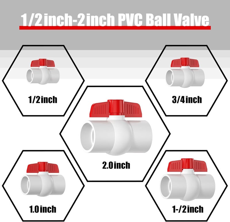 EPHECH 5PCS 1-1/2" PVC Ball Valve, SCH40 Slip PVC Water Pipe Valve with Easy Turn Red T-Handle, Shut-Off Ball Valve Socket for Swimming Pool, Sprinkler Lines, Outdoor Plumbing & Irrigation System - Image 5